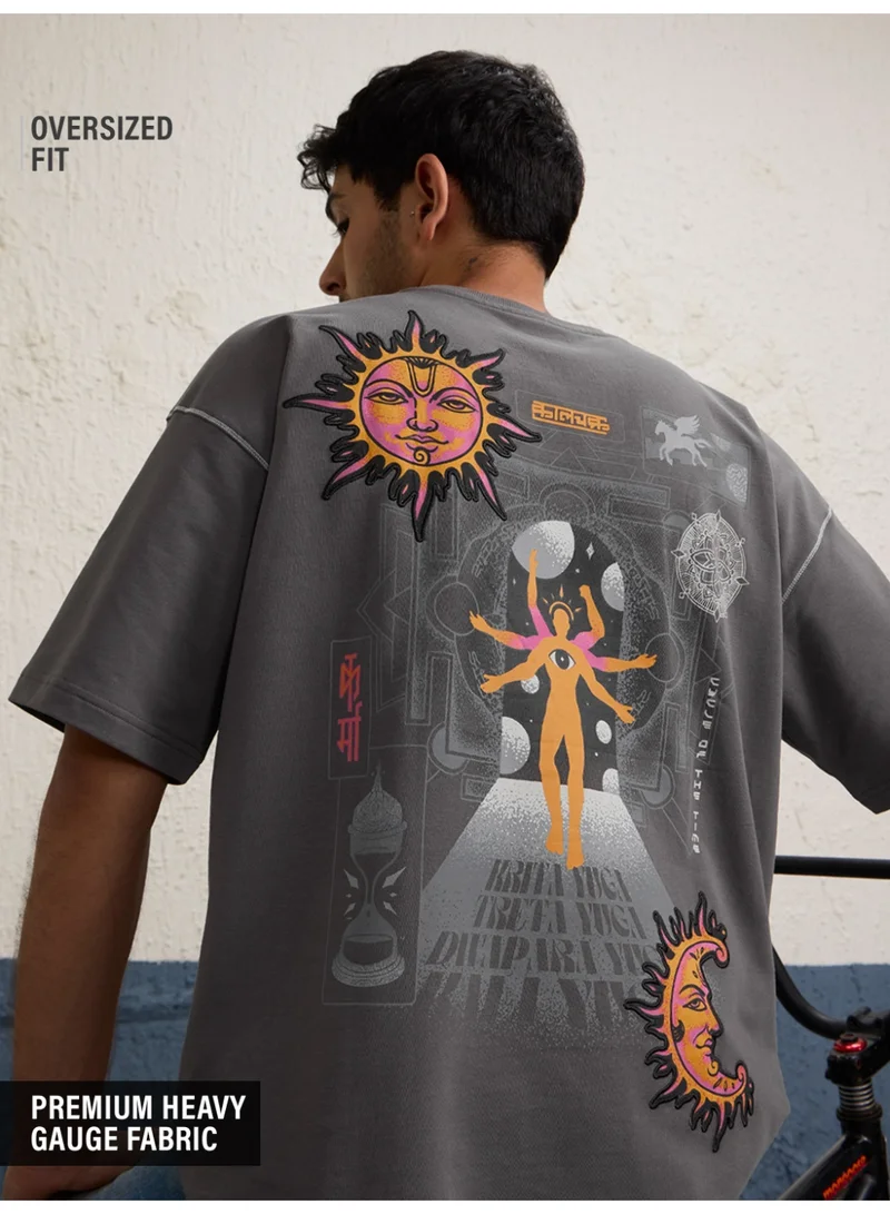 The Souled Store The Souled Store Men TSS Originals Kalyuga Embroidery Grey Oversized T-Shirts