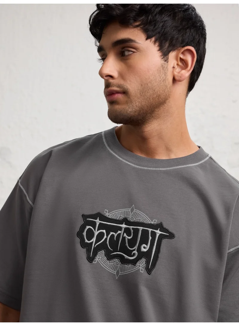 The Souled Store The Souled Store Men TSS Originals Kalyuga Embroidery Grey Oversized T-Shirts
