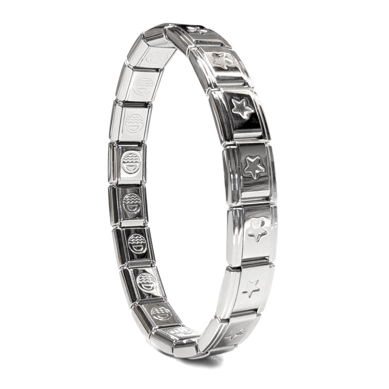 Dolceoro SB-005, Recessed Star Italian Modular Starter Charm Bracelet, 9mm Wide Stainless Steel, 18 Links for Wrist 6-6 3/8" - Image 1