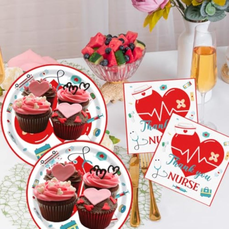 48 Pcs Nurses Paper Plates and Napkins Graduation Nurse Dessert Party Decorations Doctors Day Nursing Week School Office Supplies - Image 2