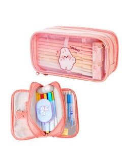 FunBlast FunBlast Large Capacity Pencil Bag, 3 Compartment Transparent Pencil Pouch with Zipper Closure Portable Makeup Pouch, Aesthetic Pouch, Cute Stationery Bag for Students Girls Adults Office (Peach)  - Image 1