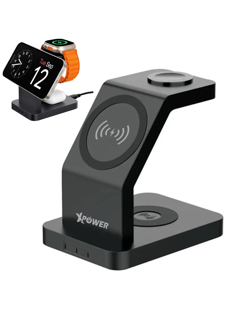 اكس باور محطة شحن لاسلكية 3 في 1، شحن سريع 15 وات، شاحن لاسلكي لأجهزة iPhone وأجهزة متعددة متوافقة مع أجهزة Magsafe، شاحن لأجهزة Airpods/Apple Watch، حلقة مغناطيسية متضمنة، أسود - Image 1