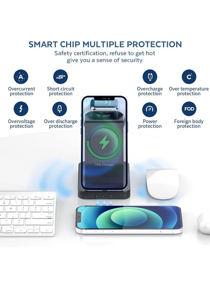 اكس باور محطة شحن لاسلكية 3 في 1، شحن سريع 15 وات، شاحن لاسلكي لأجهزة iPhone وأجهزة متعددة متوافقة مع أجهزة Magsafe، شاحن لأجهزة Airpods/Apple Watch، حلقة مغناطيسية متضمنة، أسود - Image 3