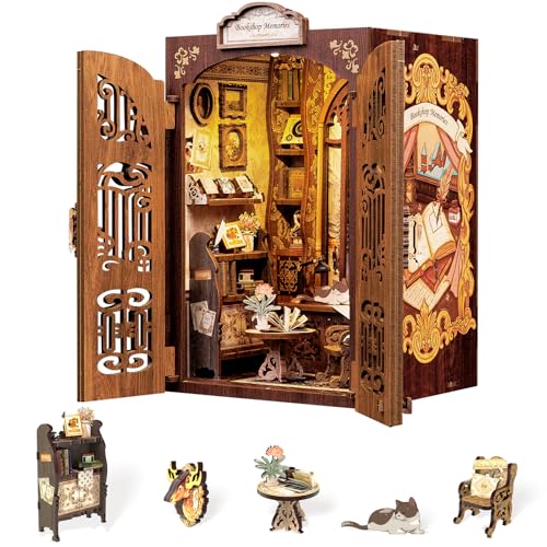 Fsolis Book Nook Kit DIY Miniature Dollhouse Kit 3D Puzzles for Adults and Beginners 127 Wooden Pieces Tiny House Mini Booknook Craft Bookshelf Decor Gifts for Women Book LoversBookshop Memory - Image 1