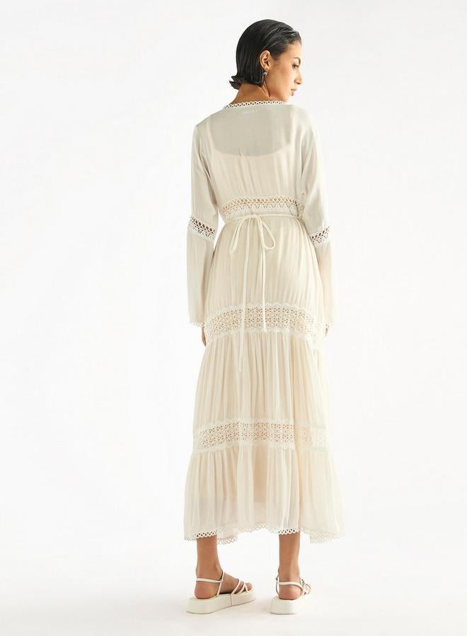 سبلاش فيڤ سترة طويلة متعددة الطبقات بتفاصيل دانتيل وأكمام طويلة وأربطة - Image 3