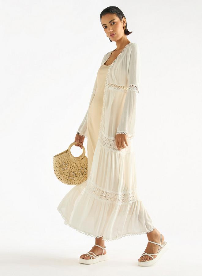 سبلاش فيڤ سترة طويلة متعددة الطبقات بتفاصيل دانتيل وأكمام طويلة وأربطة - Image 1