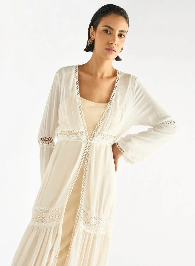 سبلاش فيڤ سترة طويلة متعددة الطبقات بتفاصيل دانتيل وأكمام طويلة وأربطة