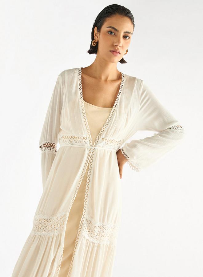 سبلاش فيڤ سترة طويلة متعددة الطبقات بتفاصيل دانتيل وأكمام طويلة وأربطة - Image 2