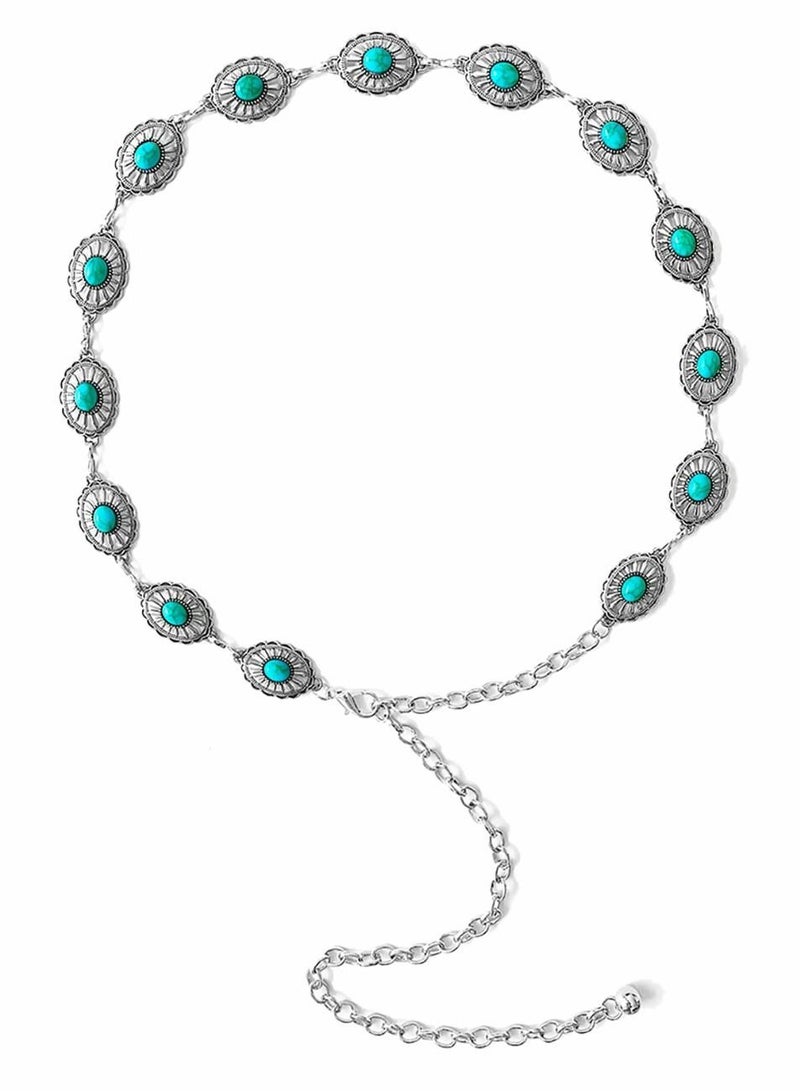 Y&D Concho Turquoise Chain Belt, Adjustable Western Metal Waist Cute Women's Country Belt for Jeans or Dresses  - Image 1