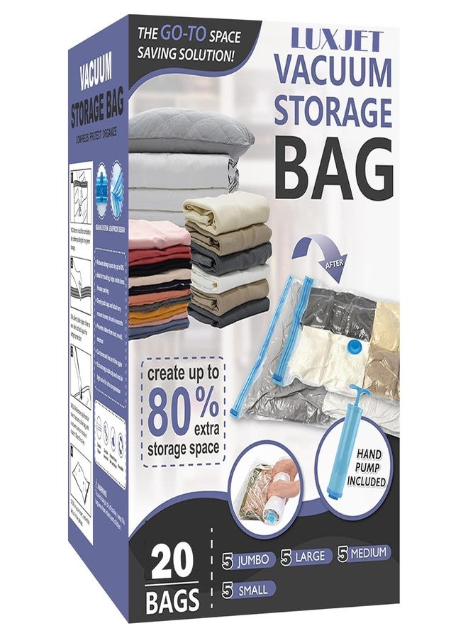 LUXJET 20 Pack Space Saver Bags (5 Jumbo/5 Large/5 Medium/5 Small) Compression Storage Bags for Comforters and Blankets, Vacuum Sealer Bags for Clothes Storage, Hand Pump Included - Image 1