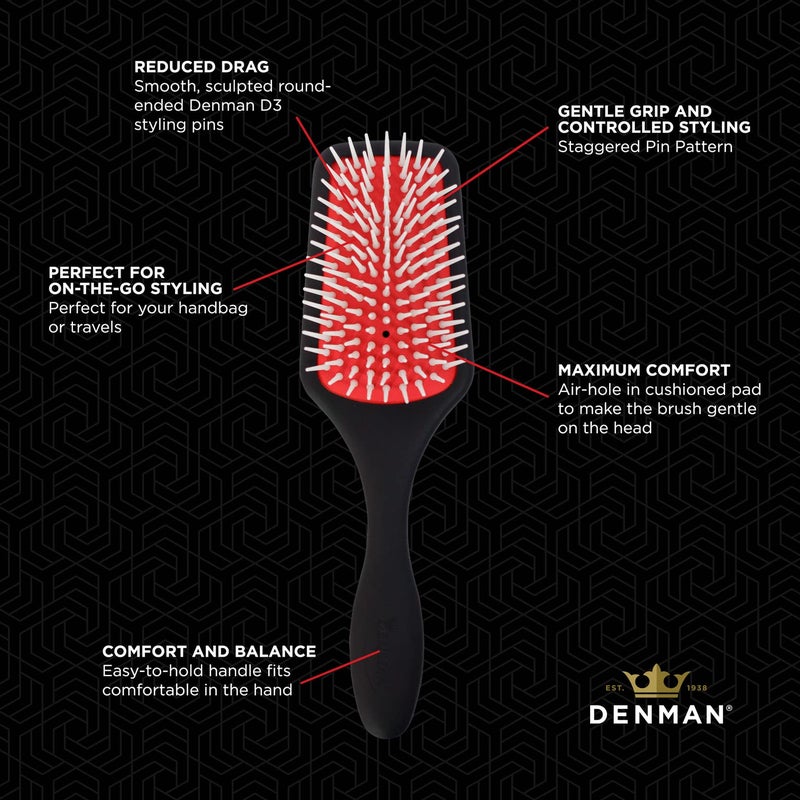 Denman Petite Detangler for Fast and Comfortable Detangling and Blow Drying D38 - Combination of D3 Styling Pins & Paddle Brush (Black) - Image 5