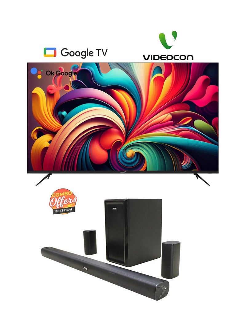 VIDEOCON 75" 4K UHD Official Google Tv And JVC 5.1CH Soundbar With Wireless Subwoofer 3600W PMPO Combo E75ELGT1100+TH-N430B Black - Image 1