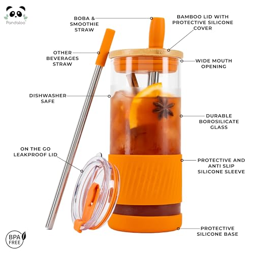 Pandaloo® Glass Cups With Lids and Straws -20 Fl Oz- Perfect Size Iced Coffee Cup - Smoothie Cup With Bamboo Lid and On the go Lid - Glass Tumbler With Straw (1 Count (Pack of 1), Autumn Gold) - Image 2