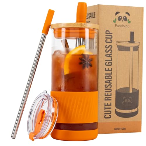 Pandaloo® Glass Cups With Lids and Straws -20 Fl Oz- Perfect Size Iced Coffee Cup - Smoothie Cup With Bamboo Lid and On the go Lid - Glass Tumbler With Straw (1 Count (Pack of 1), Autumn Gold) - Image 1