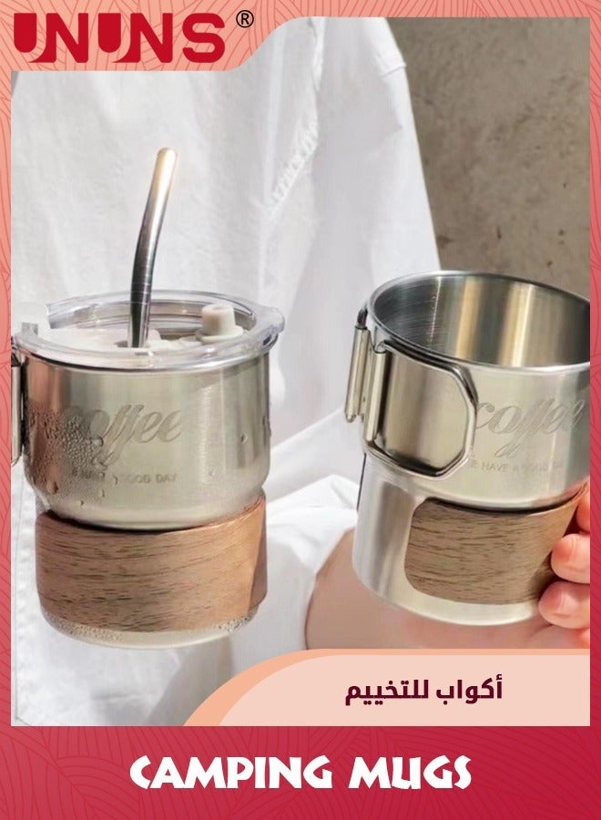 UNUNS Stainless Steel Camping Mugs,2 Piece Set Outdoors Cup With Foldable Handle,300ml/10.2 oz Great For Backpacking,Hiking,Hunting,Fishing And Survival Adventure - Image 1