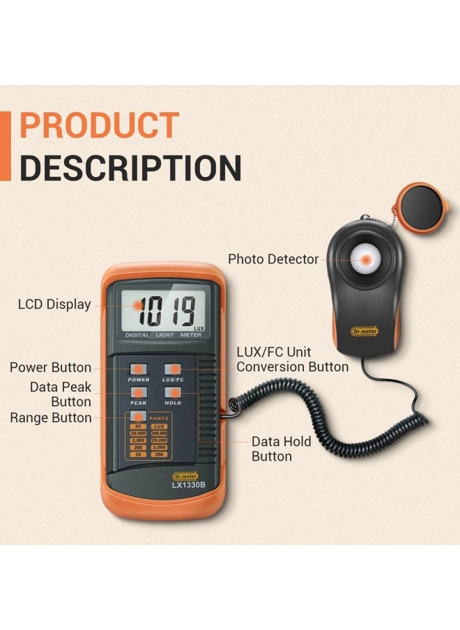 Dr.Meter Digital Light Meter  Handheld Split Type Design 0 200 000 Lux Digital Lux Meter With High Precision Fast Reactions And Data Orange  - Image 2