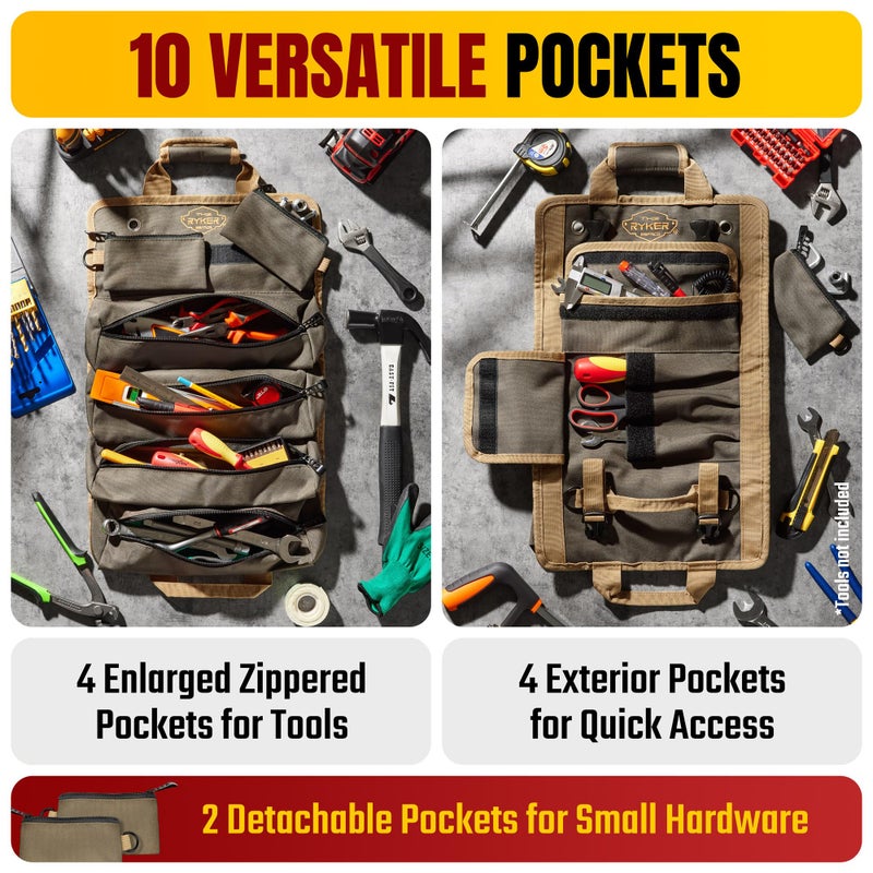 The Ryker Bag The Ryker Roll Up Tool Bag Organizer Gifts for him Heavy Duty Motorcycle Tool Roll Bag Organizer Portable Rollup Toolbag w/Accessible Pouches - Mens gifts for Dad, Mechanic & Electrician (AP-TR) - Image 2