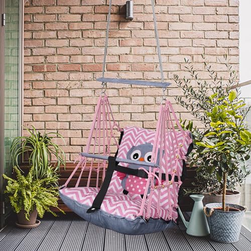 Sprointal® Cotton Baby Swing for Kids Children Folding and Washable 1 to 5 Years New Born Baby Gift Soft Jhula with Safety Belt Easy to Carry Safety Lock Cradle Chair | Home Garden Hall (Pink Owl) - Image 1