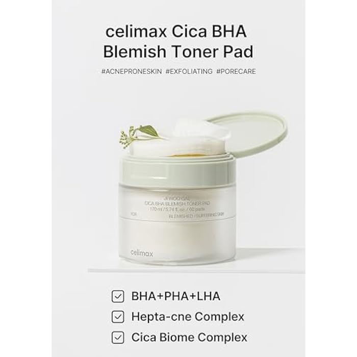 celimax Ji.Woo.Gae CICA BHA Blemish Toner Pad | BHA PHA LHA Complex, Centella Asiatica Extract, Hydrating, Moisturizing, Soothing, Reparing, (60 Pads) - Image 3