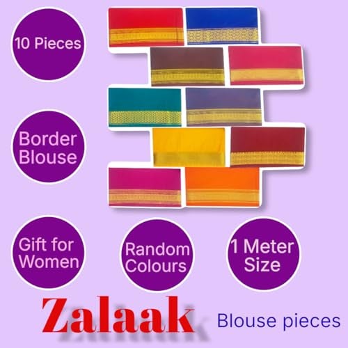 Zuvim Zalaak Cotton Blouse Piece Zari Border South Pattu Unstitched Blouse Materials 1 meter for Women's (Pack of 10 Pcs) (Multicolor) - Image 2