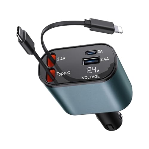 Humble® 120W 4 in 1 Fast Car Charger with 2 Retractable Cable (Type C & iPhone), 1 USB & 1 Type C Port- Universal Car Charger Compatible with All Android & iPhone Series 17/16/ 15/14/ 13/12/ 11 - Image 1