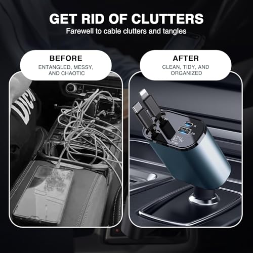 Humble® 120W 4 in 1 Fast Car Charger with 2 Retractable Cable (Type C & iPhone), 1 USB & 1 Type C Port- Universal Car Charger Compatible with All Android & iPhone Series 17/16/ 15/14/ 13/12/ 11 - Image 4