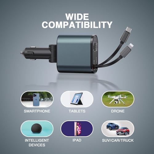 Humble® 120W 4 in 1 Fast Car Charger with 2 Retractable Cable (Type C & iPhone), 1 USB & 1 Type C Port- Universal Car Charger Compatible with All Android & iPhone Series 17/16/ 15/14/ 13/12/ 11 - Image 2
