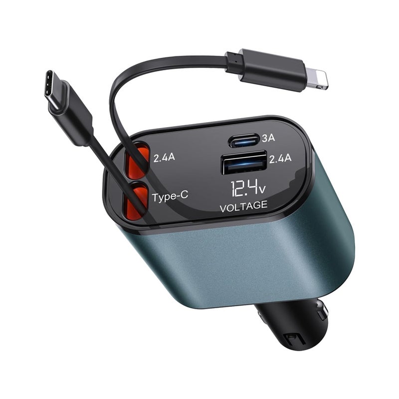 Humble® 120W 4 in 1 Fast Car Charger with 2 Retractable Cable (Type C & iPhone), 1 USB & 1 Type C Port- Universal Car Charger Compatible with All Android & iPhone Series 17/16/ 15/14/ 13/12/ 11 - Image 5