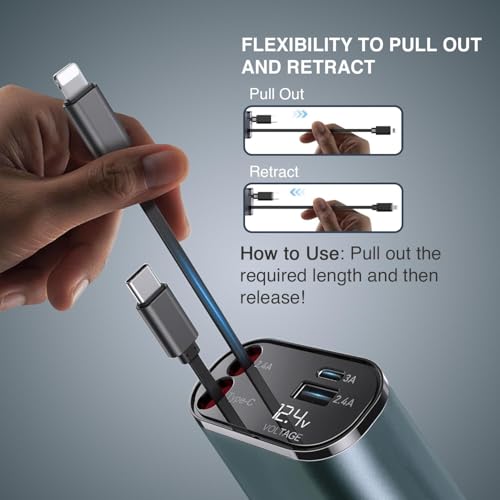 Humble® 120W 4 in 1 Fast Car Charger with 2 Retractable Cable (Type C & iPhone), 1 USB & 1 Type C Port- Universal Car Charger Compatible with All Android & iPhone Series 17/16/ 15/14/ 13/12/ 11 - Image 3