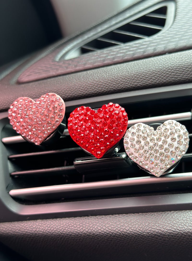 3Pcs bling heart shaped air vent clips, crystal car air freshener vent clips charms rhinestone diffuser vent clip heart car interior decoration cute car decor bling car perfume,red pink sliver - Image 3