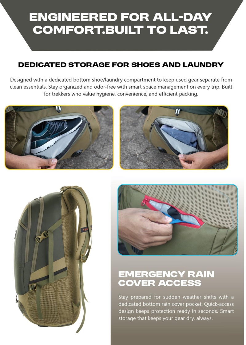 TRAWOC FALCON 40 Litre Travel Backpack Laptop Backpack for Men and Women, Casual Daypack with Rain Cover Hiking, Trekking, Travelling Bag Olive Green, LHK005 - Image 4