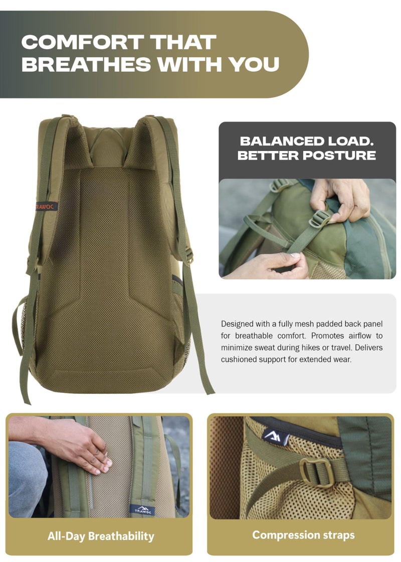 TRAWOC FALCON 40 Litre Travel Backpack Laptop Backpack for Men and Women, Casual Daypack with Rain Cover Hiking, Trekking, Travelling Bag Olive Green, LHK005 - Image 3