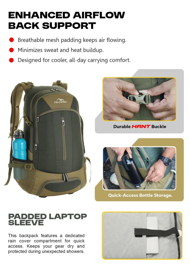 TRAWOC FALCON 40 Litre Travel Backpack Laptop Backpack for Men and Women, Casual Daypack with Rain Cover Hiking, Trekking, Travelling Bag Olive Green, LHK005 - Image 5