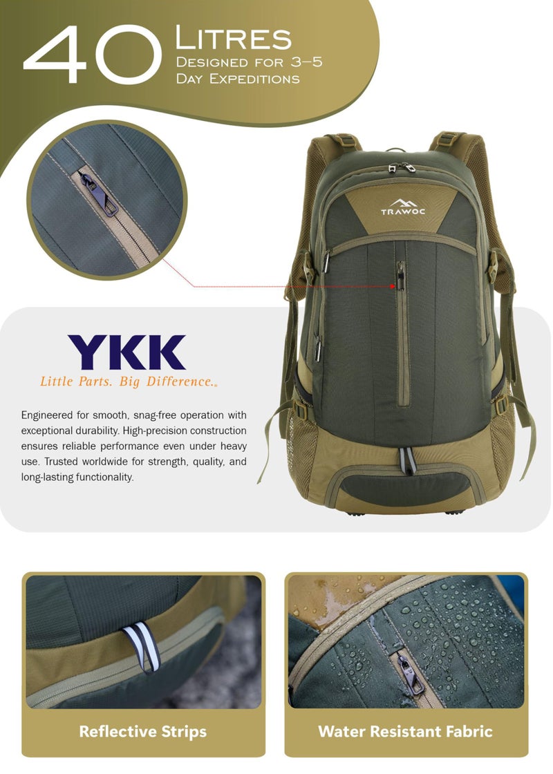 TRAWOC FALCON 40 Litre Travel Backpack Laptop Backpack for Men and Women, Casual Daypack with Rain Cover Hiking, Trekking, Travelling Bag Olive Green, LHK005 - Image 2