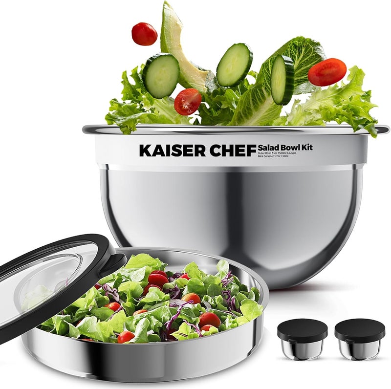 Kaiser chef Salad Bowl Kit 74oz,Salad Container For Lunch,18/8 Stainless Steel,Salad Bowl With Lid, Includes 1.7oz Condiment Container and Removable Tray,Leak-Proof, Easy to Clean (Mirror) - Image 1