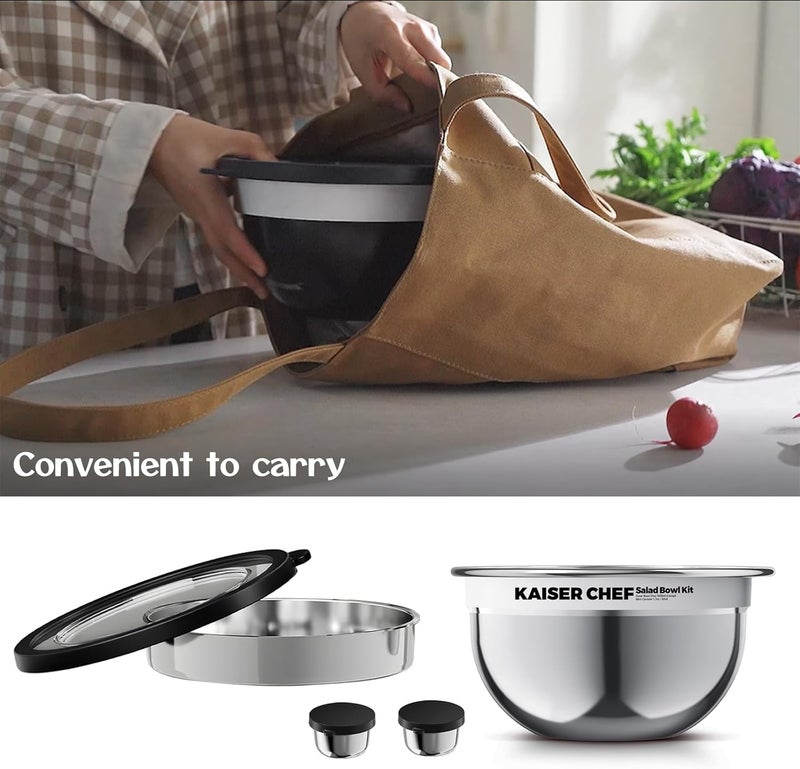 Kaiser chef Salad Bowl Kit 74oz,Salad Container For Lunch,18/8 Stainless Steel,Salad Bowl With Lid, Includes 1.7oz Condiment Container and Removable Tray,Leak-Proof, Easy to Clean (Mirror) - Image 3