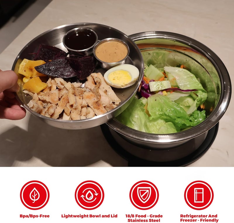 Kaiser chef Salad Bowl Kit 74oz,Salad Container For Lunch,18/8 Stainless Steel,Salad Bowl With Lid, Includes 1.7oz Condiment Container and Removable Tray,Leak-Proof, Easy to Clean (Mirror) - Image 5