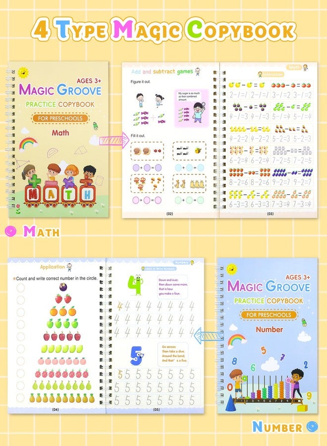 GAUENEEN Magic Practice Copybook, Reusable Writing Practice Book, Handwriting Aid Practice for Preschool Kids Age 3-8 Calligraphy (4 Books with pens) - Image 4