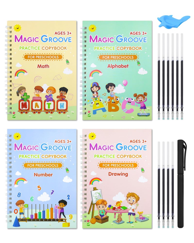GAUENEEN Magic Practice Copybook, Reusable Writing Practice Book, Handwriting Aid Practice for Preschool Kids Age 3-8 Calligraphy (4 Books with pens) - Image 1
