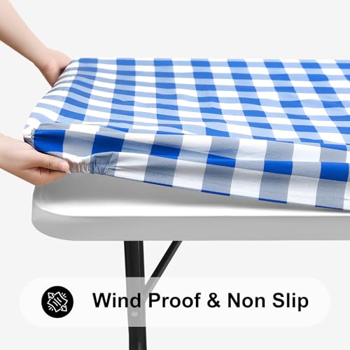 Smiry Rectangle Picnic Table Cloth, Elastic Waterproof Fitted Vinyl Tablecloths, Flannel Backed Buffalo Plaid Table Covers for Dining, Camping, Outdoor (White and Blue, 30" x 72") - Image 2