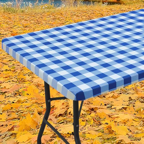 Smiry Rectangle Picnic Table Cloth, Elastic Waterproof Fitted Vinyl Tablecloths, Flannel Backed Buffalo Plaid Table Covers for Dining, Camping, Outdoor (White and Blue, 30" x 72") - Image 1