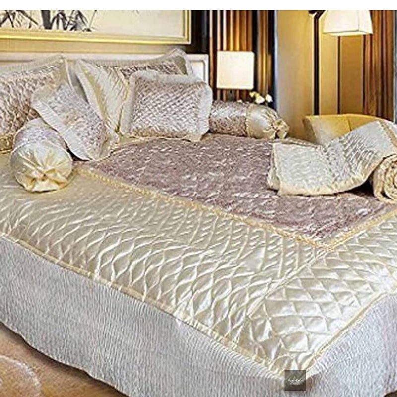 ManavRachit 310 TC Satin Luxury Gold Printed King Size Double Bed Wedding Bedding Bedsheet Set Set of 8 Pieces for Hotels Guest House Home Living Room Cream Jaal