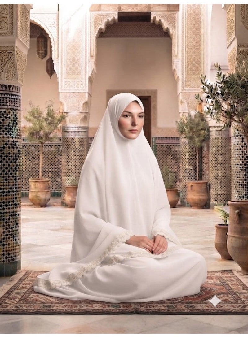 AMYAE Women's One Piece Islamic Prayer Dress | Long Full Cover Lace Hijab | Long Sleeve Namaz Salah Dress | Jilbab Abaya for Women | Umrah Essentials | One Size - Image 4
