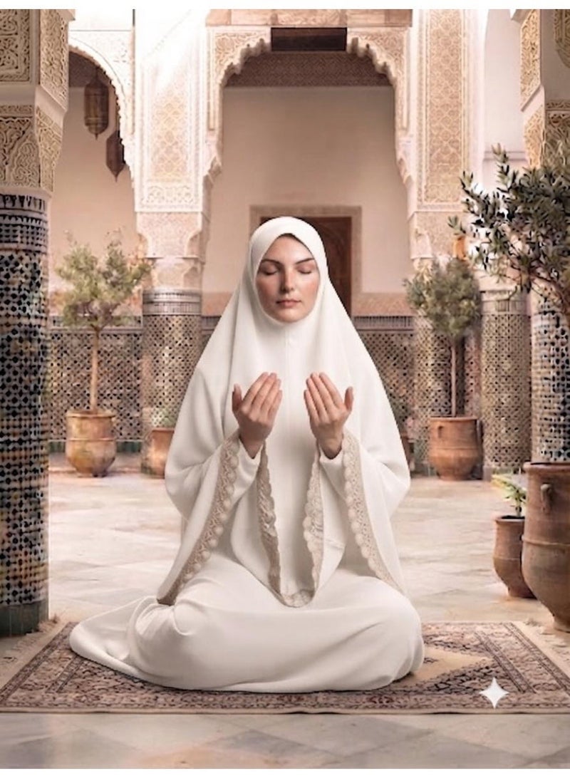 AMYAE Women's One Piece Islamic Prayer Dress | Long Full Cover Lace Hijab | Long Sleeve Namaz Salah Dress | Jilbab Abaya for Women | Umrah Essentials | One Size - Image 3
