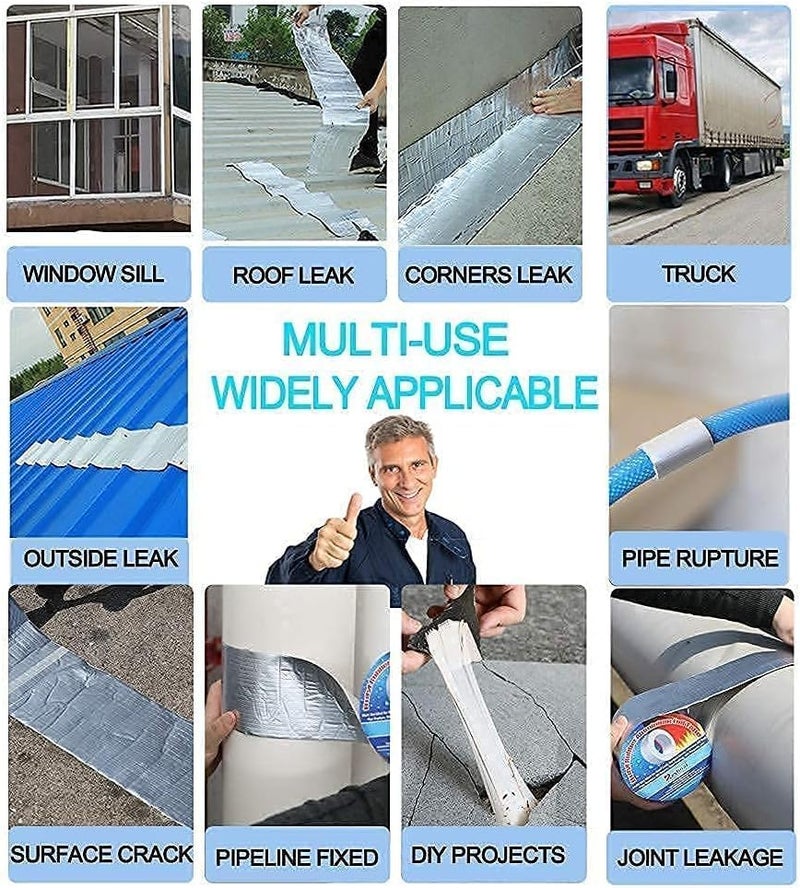 MAX-EMA GLOBAL MaxEMA Aluminum Foil Butyl Tape 5cm x5mtr Super Waterproof Tape For Leakage Roof Leak, Surface Crack, Window Seal, Boat Sealing, Gap Sealer, Pipe Rupture, Wall Crack, High Temperature Resistance - Image 3