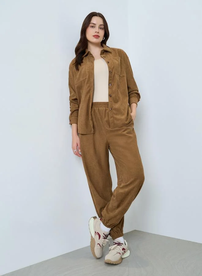 Styli Women Brown Corduroy Shirt and Joggers Co-ords