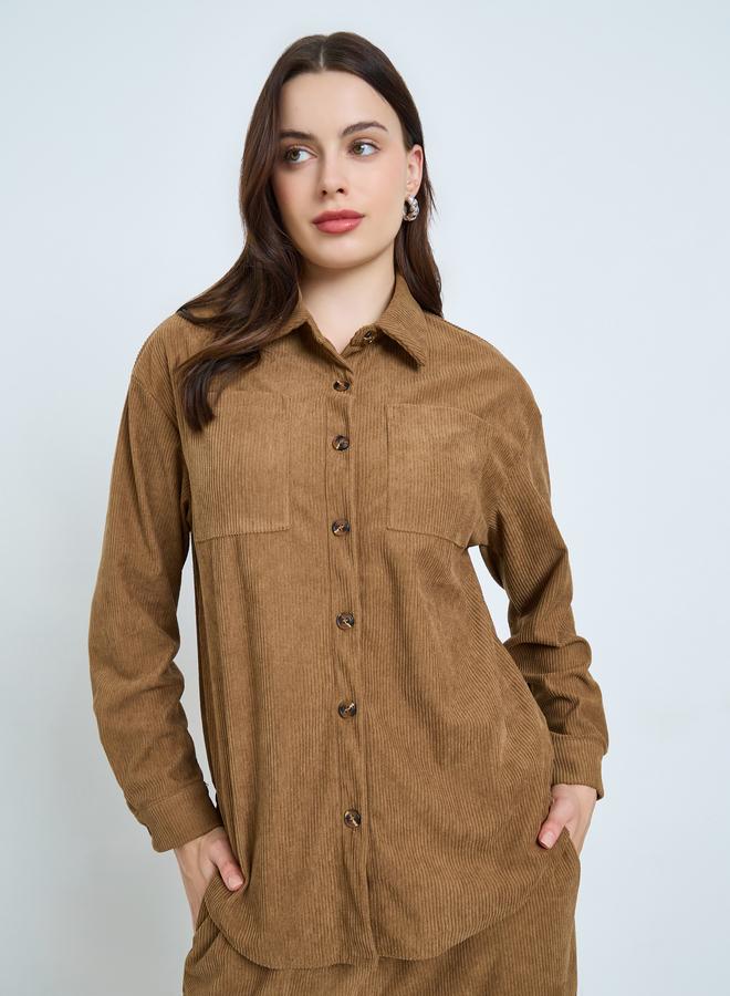 Styli Women Brown Corduroy Shirt and Joggers Co-ords - Image 4