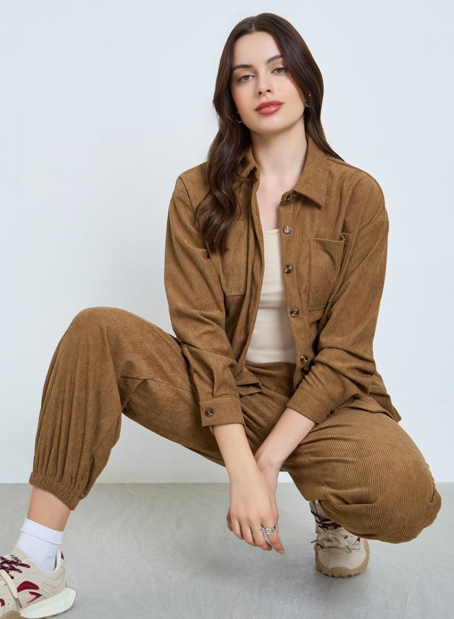 Styli Women Brown Corduroy Shirt and Joggers Co-ords - Image 1