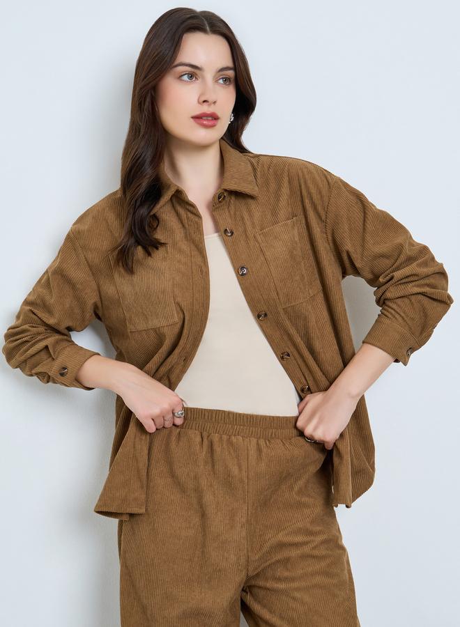 Styli Women Brown Corduroy Shirt and Joggers Co-ords - Image 3