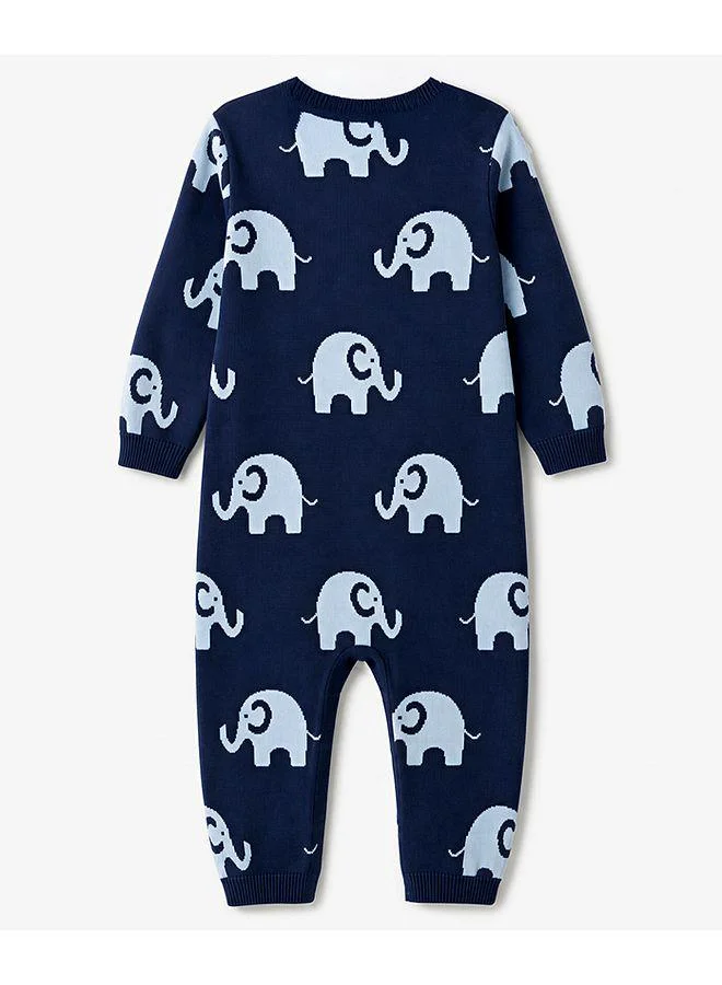 Babyhug Babyhug Cotton Knit Full Sleeves Winter Wear Romper with Elephant Design - Navy Blue